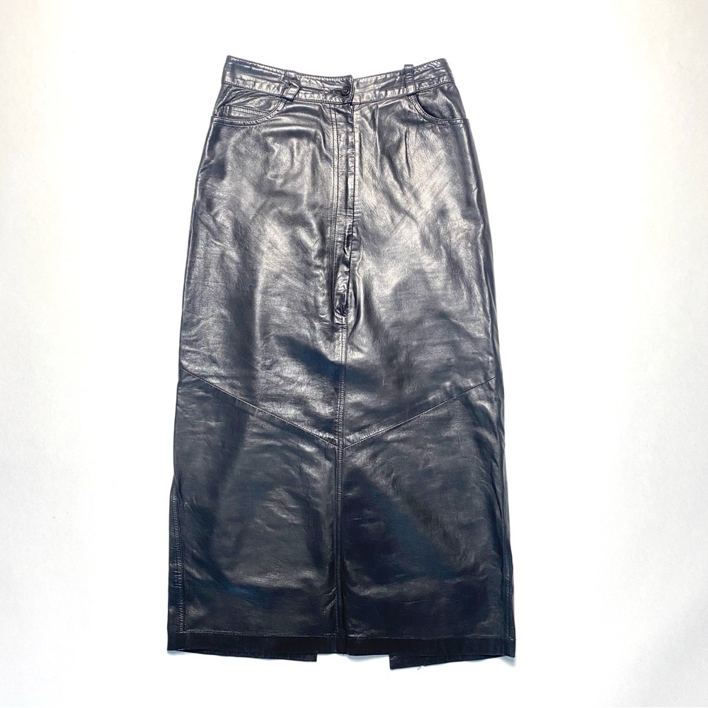 Norma Kamali black leather high waisted midi skirt